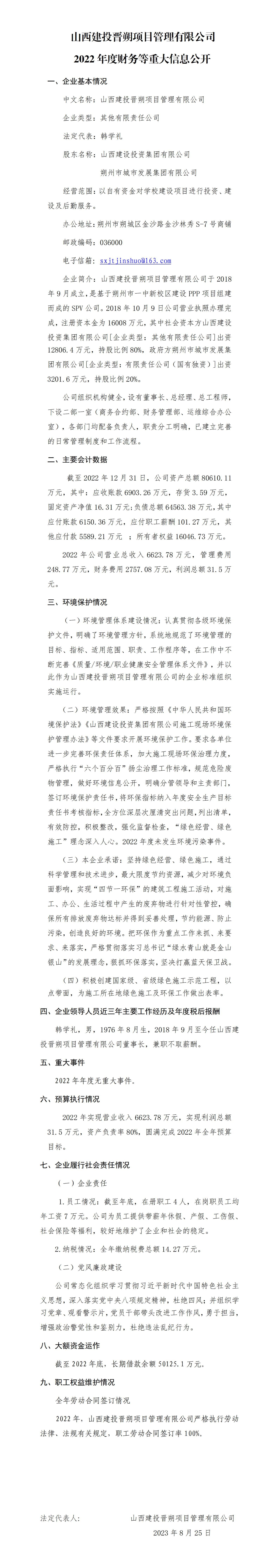 山西建投晋朔项目治理有限公司2022年度财务等重大信息果真-402cc永利集团
