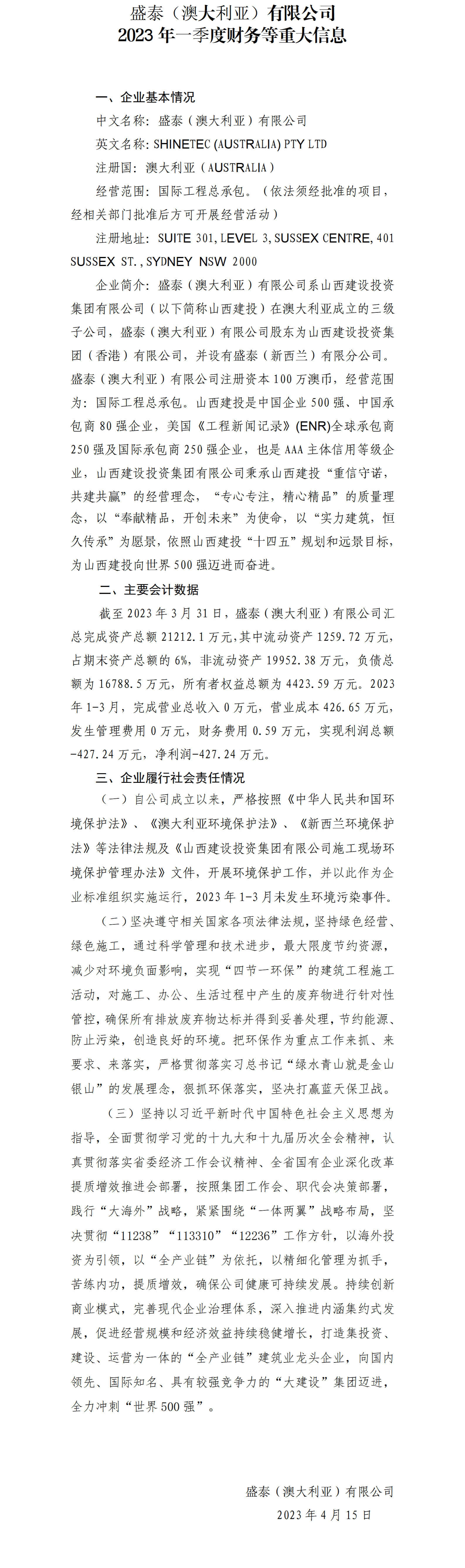 山西建投国际402cc永利集团集团有限公司2023年一季度财务等重大信息-402cc永利集团