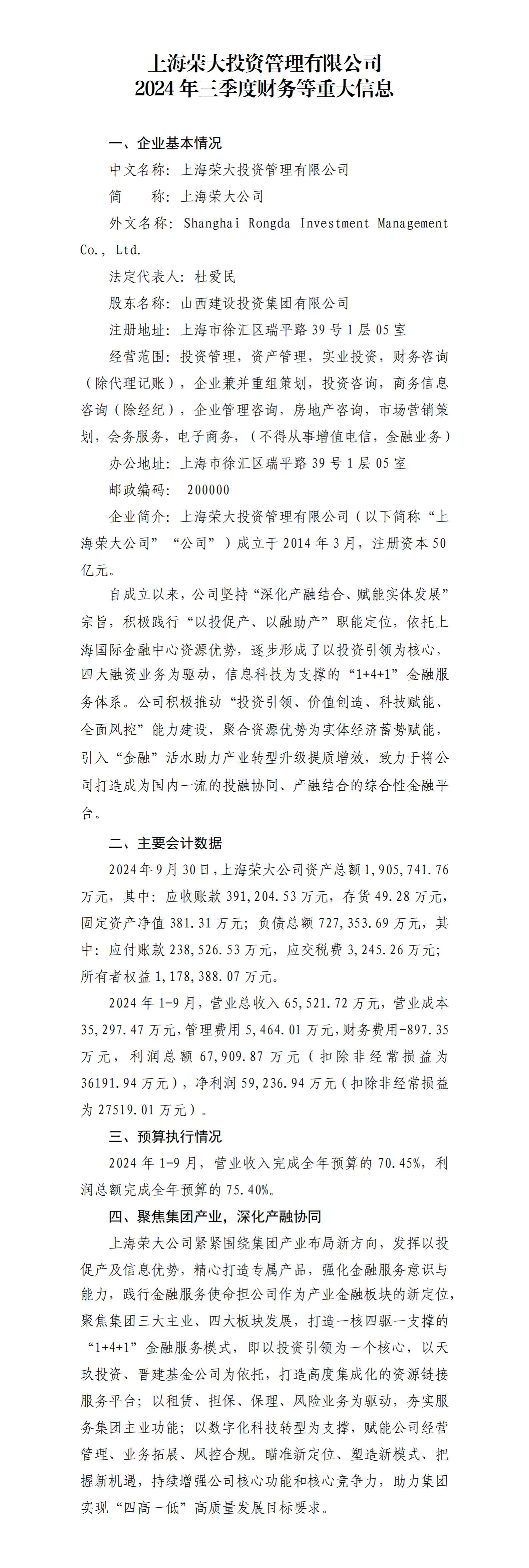上海荣大投资治理有限公司及其子公司2024年三季度财务等重大信息-402cc永利集团