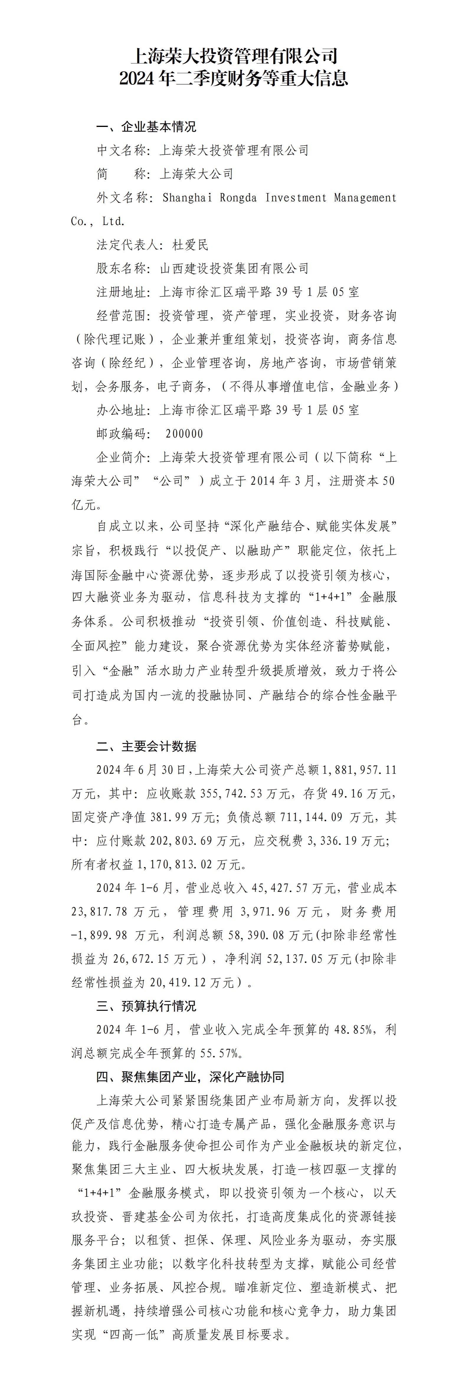 上海荣大投资治理有限公司及其子公司2024年二季度财务等重大信息-402cc永利集团