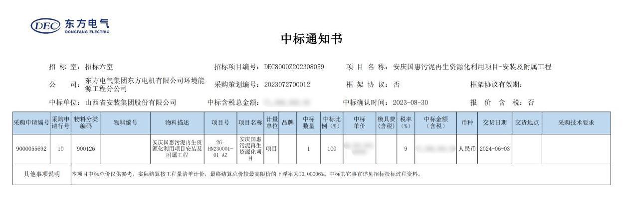 山西建投装置集团中标安徽省安庆国惠污泥再生资源化使用项目