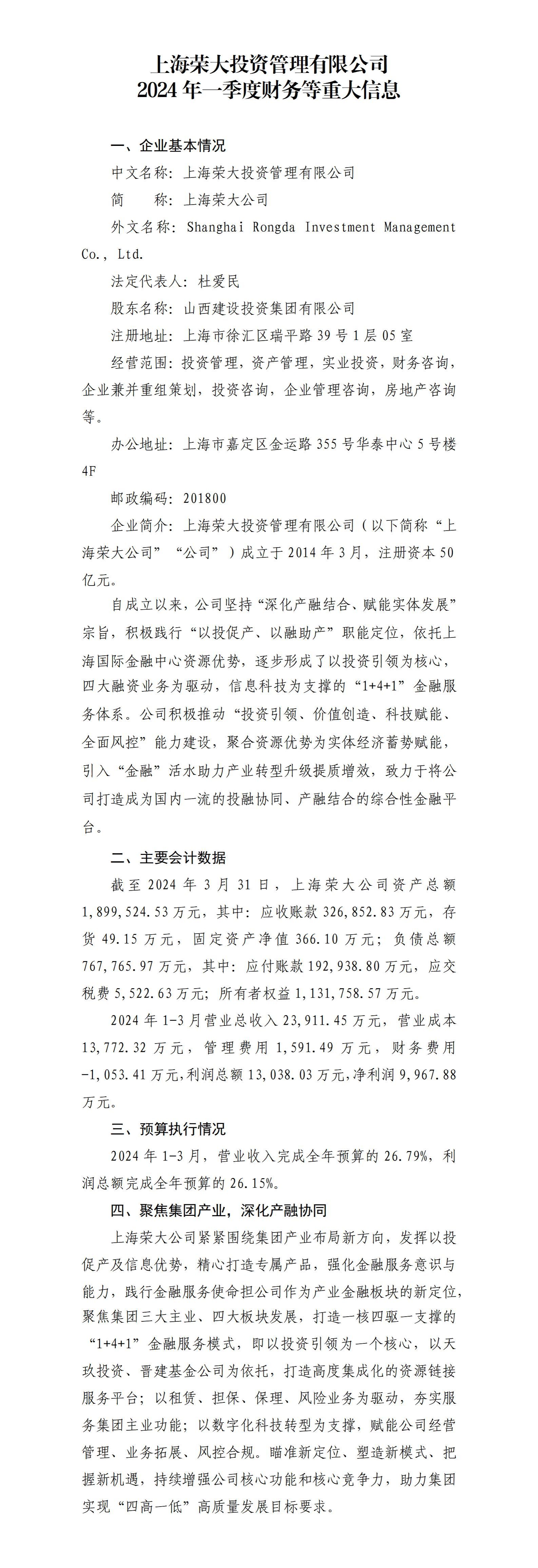 上海荣大投资治理有限公司及所属子企业2024年一季度财务等重大信息-402cc永利集团