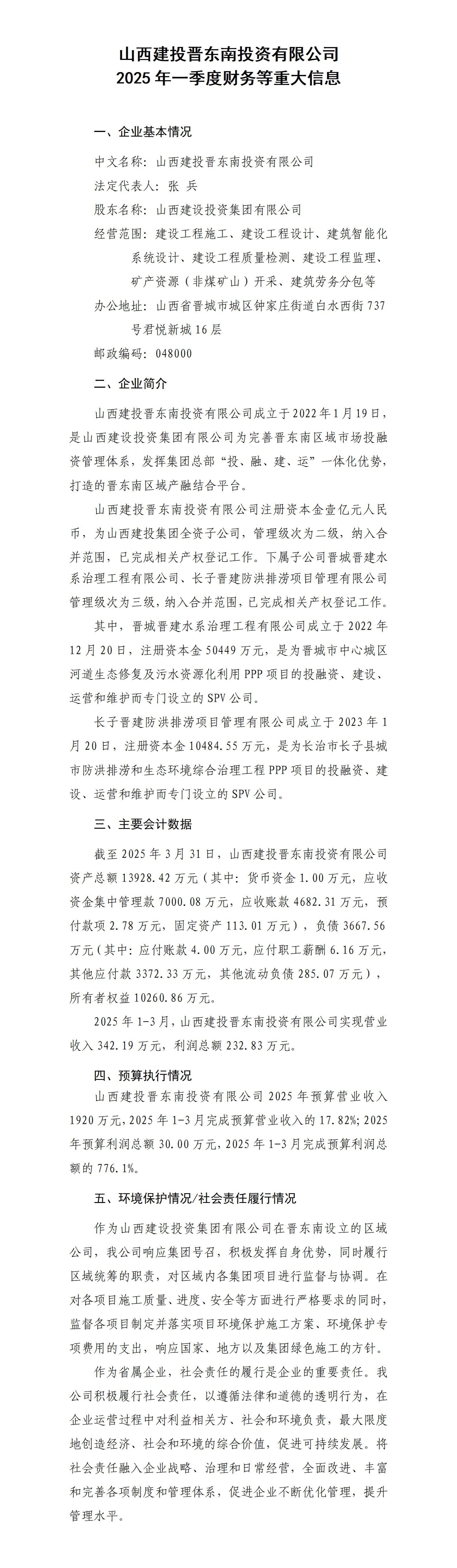 山西建投晋东南投资有限公司及所属子公司2025年一季度财务等重大信息-402cc永利集团