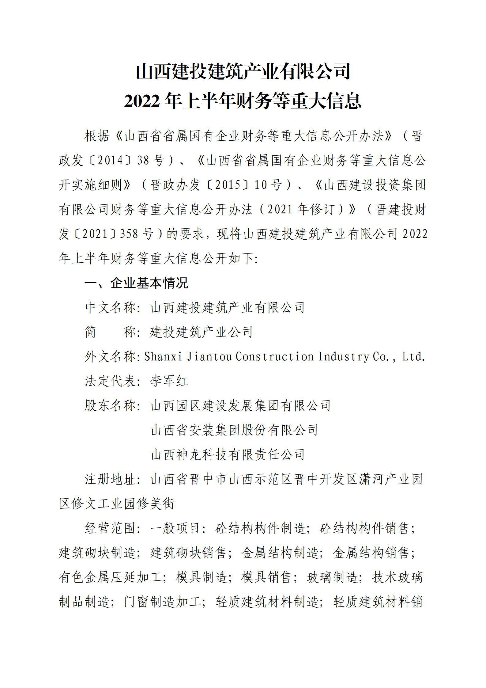 山西建投修建工业有限公司2022年上半年财务等重大信息
