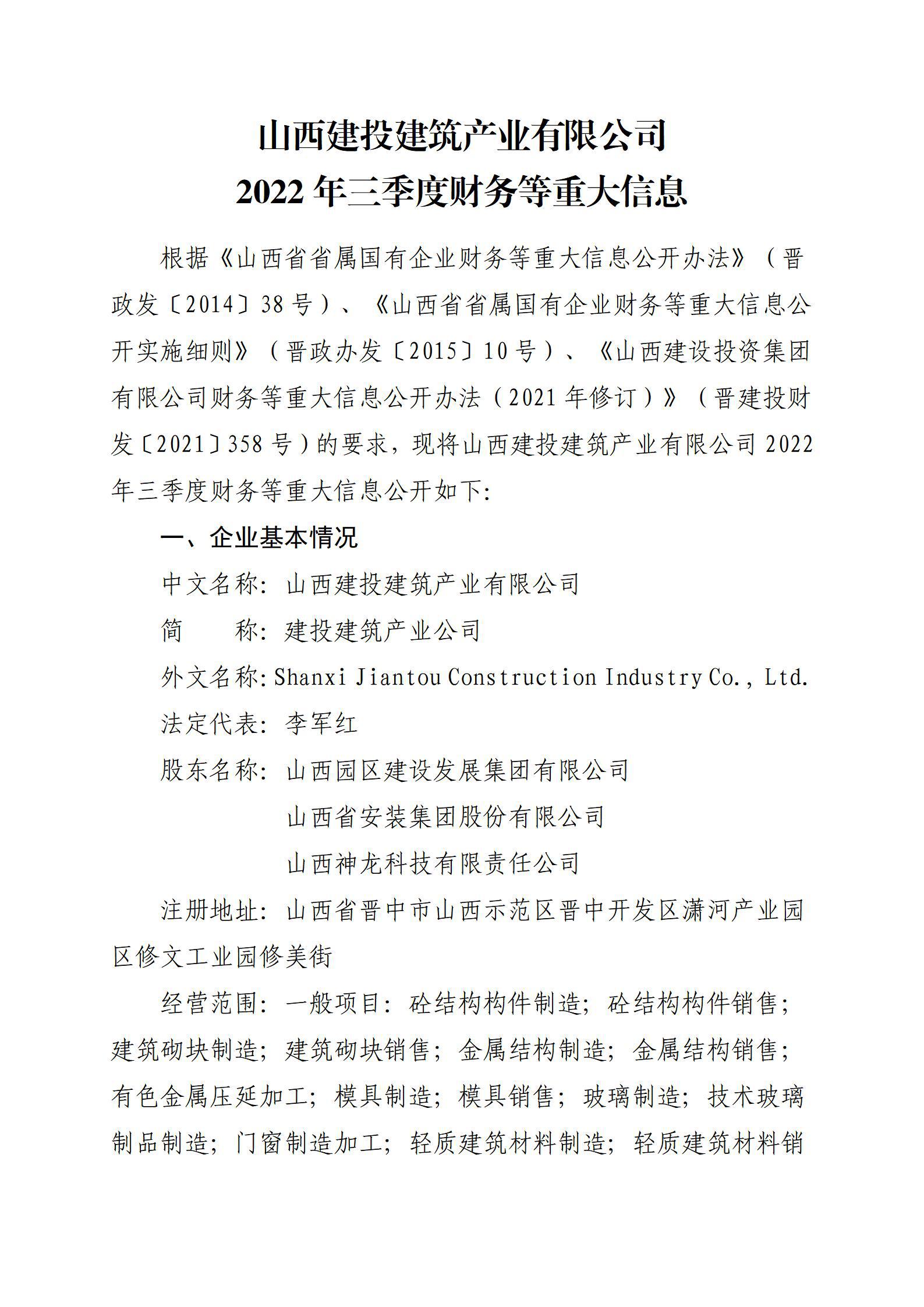 山西建投修建工业有限公司2022年三季度财务等重大信息