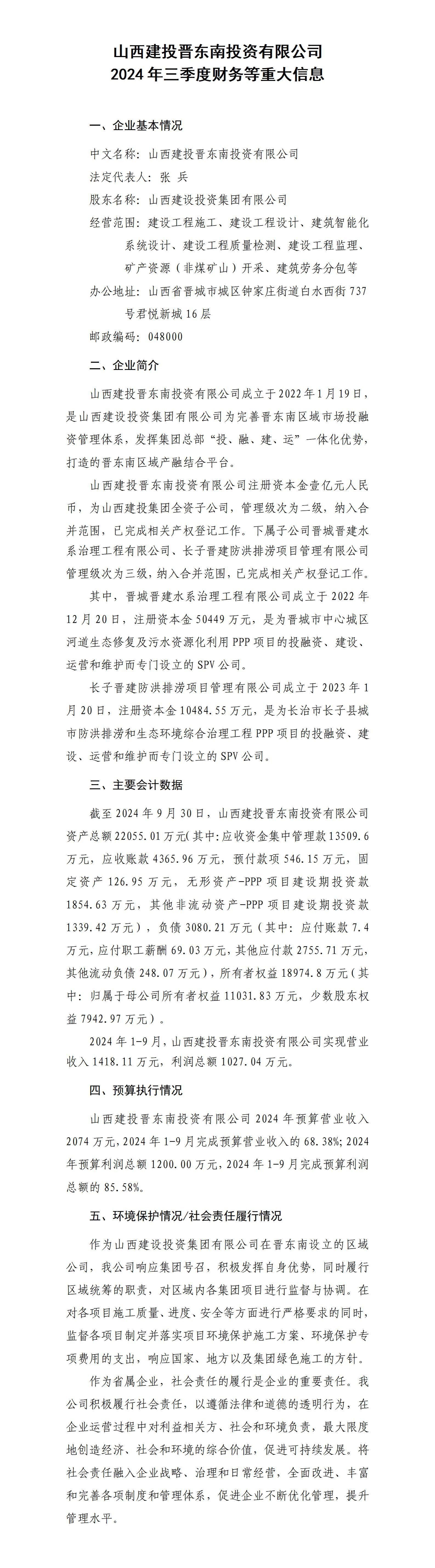 山西建投晋东南投资有限公司2024年三季度财务等重大信息果真-402cc永利集团